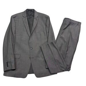 Calvin Klein 48XL 48L 40x34 Gray 2pc Pant Suit 100% Wool Slim Fit Flat Front